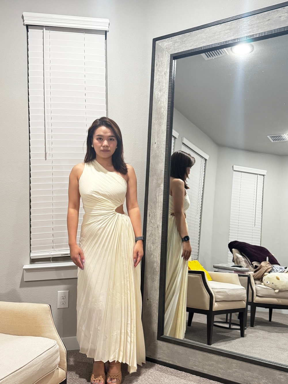 Cream One-Shoulder Pleated Maxi Dress with Side Cutout
